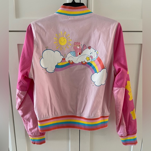 CARE BEARS Rainbow Varsity Bomber Racing Jacket Girls Juniors Size Medium NEW - Picture 4 of 8
